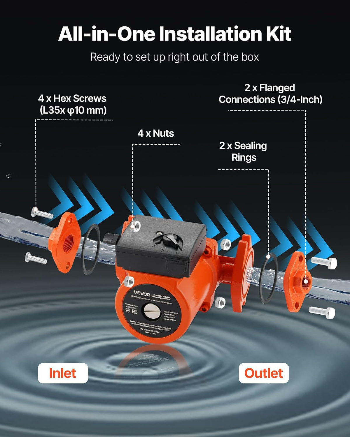 VEVOR F-009-BF5-J Bomba circuladora de hierro fundido, 17 GPM, AC 120 V 35 pies Bomba de circulación de recirculación de agua caliente, conexión de brida de 3/4 pulgadas, ajuste de 3 velocidades