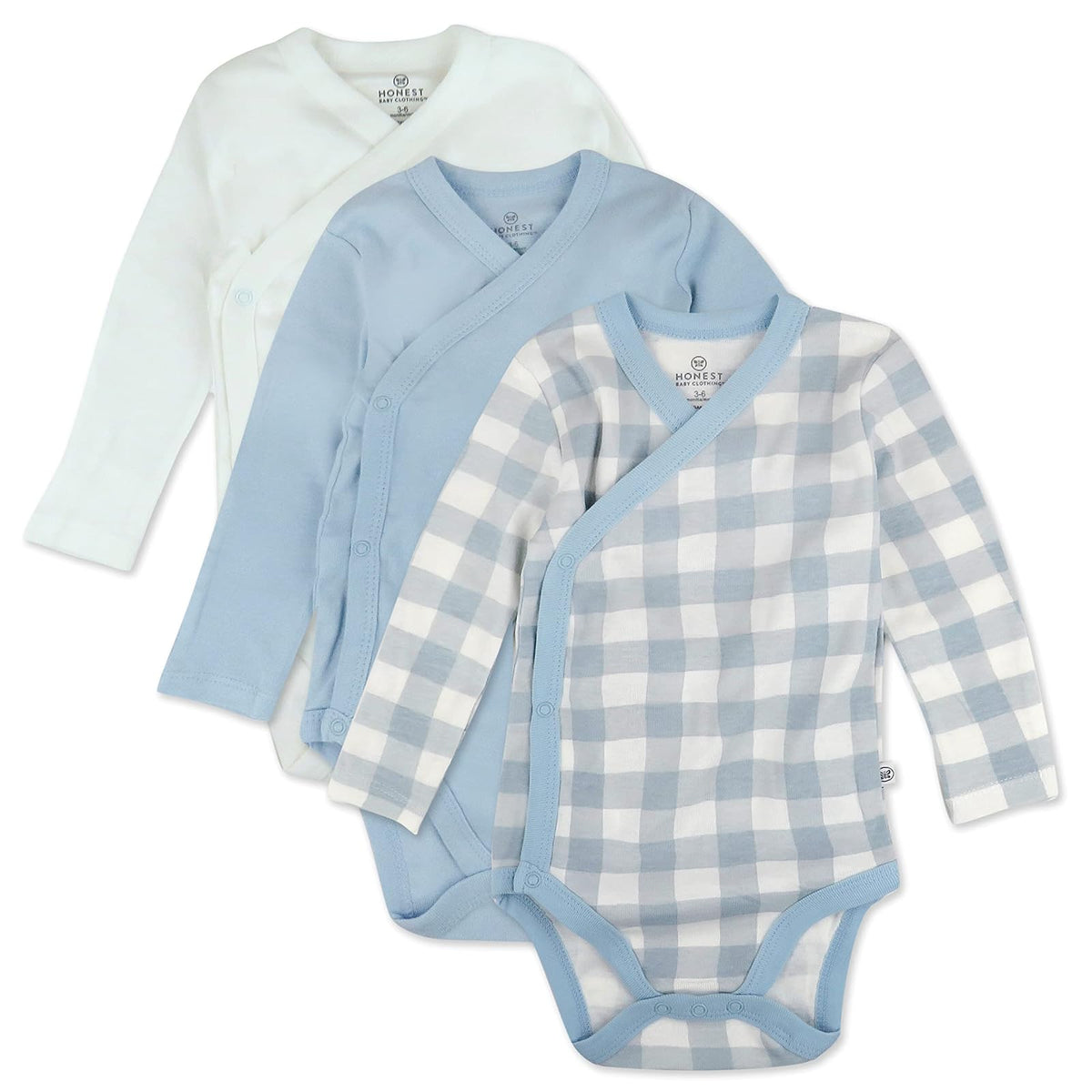 HonestBaby Paquete de 3 Enterizos de Manga Larga con Cierre Lateral, Algodón Orgánico - Cuadro de búfalo pintado azul - 3-6 Meses