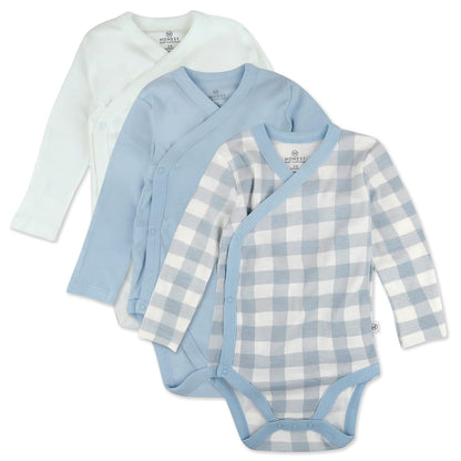 HonestBaby Paquete de 3 Enterizos de Manga Larga con Cierre Lateral, Algodón Orgánico - Cuadro de búfalo pintado azul - 3-6 Meses