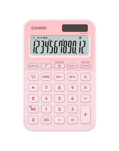 Casio Calculadora de Escritorio MS-20YC-LP, 12 Dígitos, Color Rosa, Pantalla Extra Grande, Pila y Solar