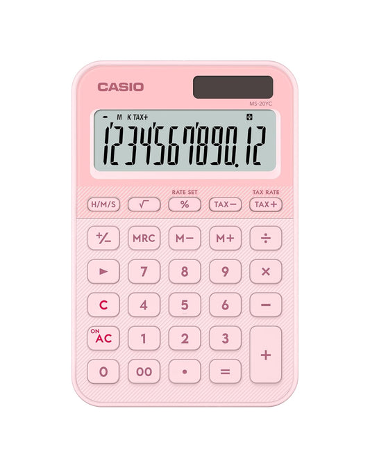 Casio Calculadora de Escritorio MS-20YC-LP, 12 Dígitos, Color Rosa, Pantalla Extra Grande, Pila y Solar