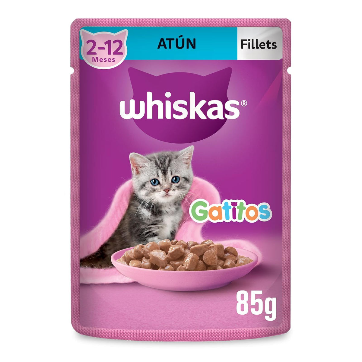 Whiskas - Alimento Húmedo para Gatitos, Sabor Atún, con Proteína, Zinc, Vitamina E y Fibra, 24 Sobres para Gato, 85 gr. c/u