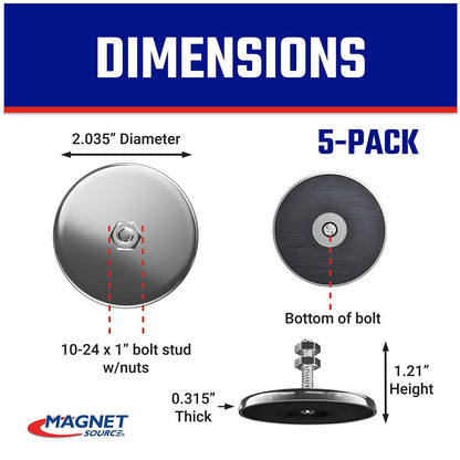 Master Magnetics - Imán de base redonda de cerámica con tornillo y tuercas, imanes fuertes de alta resistencia, 35 libras cada uno, chapado en níquel, 2 pulgadas de profundidad, 1.25 pulgadas de alto