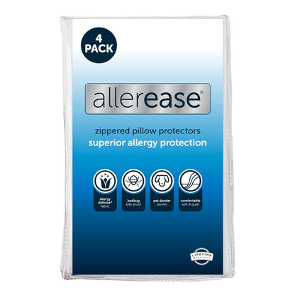 Aller-Ease - Protector de almohada Maximum Allergy Standard/Queen, paquete de 4, funda de almohada hipoalergénica