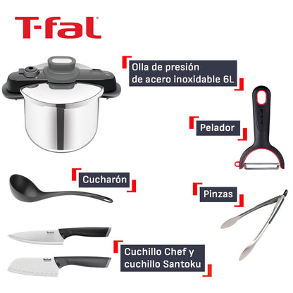 T-fal Súper Combo Premium con Olla a presión de Acero Compact Easy 6L + Set de dos cuchillos + Cucharón + Pinzas de cocina + Pelador, P3530733M