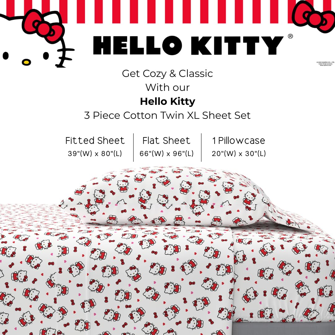 Franco Collectibles Hello Kitty Bedding Juego de sábanas de algodón súper Suave de 3 Piezas Individual XL, Esenciales para recámara Universitario (Producto con Licencia Oficial)