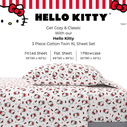 Franco Collectibles Hello Kitty Bedding Juego de sábanas de algodón súper Suave de 3 Piezas Individual XL, Esenciales para recámara Universitario (Producto con Licencia Oficial)