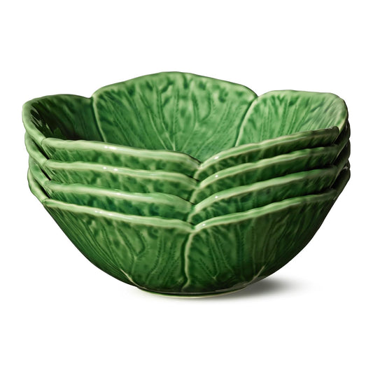 Le Jardin - Juego de 4 cuencos de cereales 3D de 7 pulgadas – tazón de hojas de gres verde esculpido – Cerámica inspirada en el jardín de temporada para desayuno, aperitivos y comidas diarias de