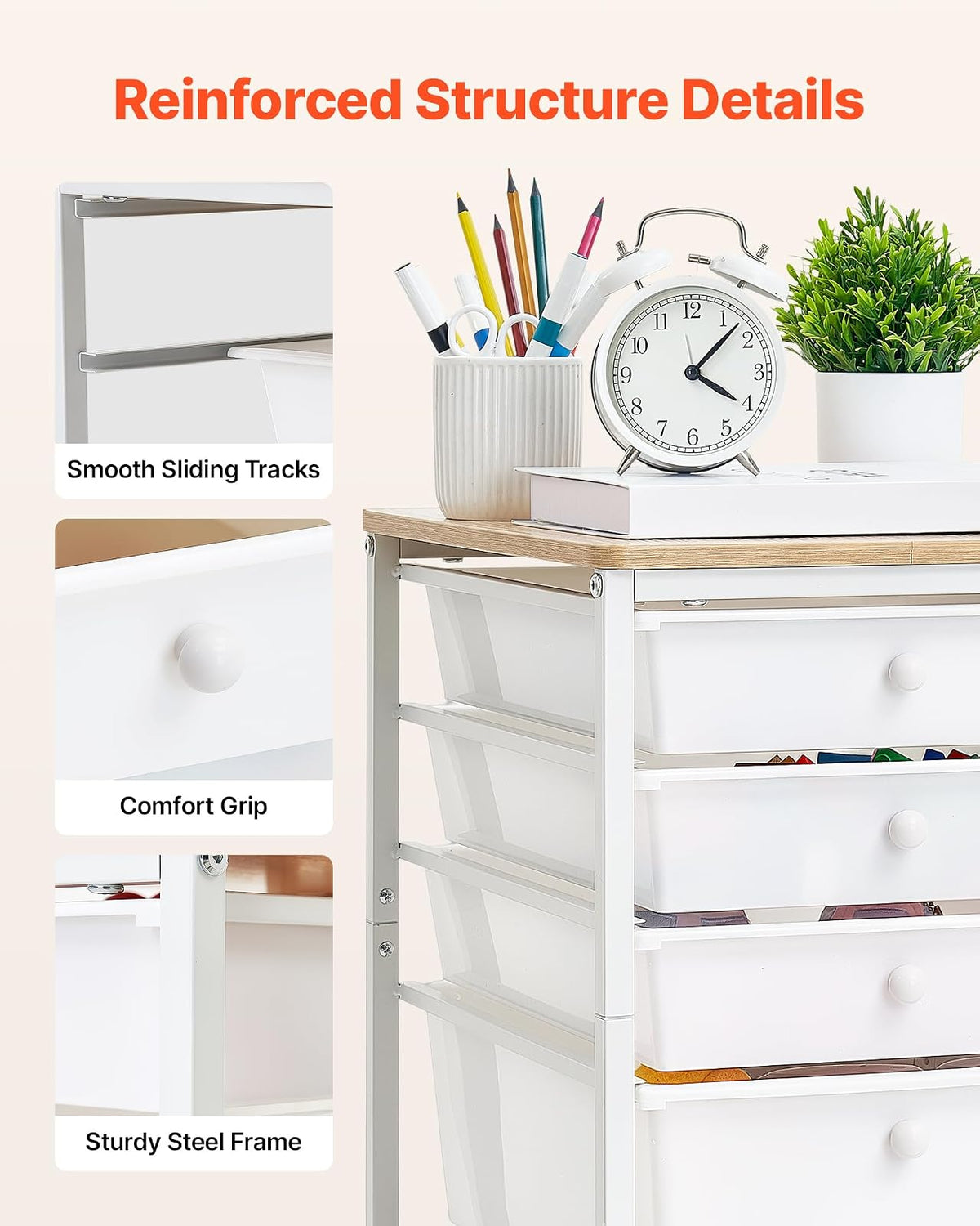 VEVOR Carrito Organizador de Metal con 5 Cajones, Carrito Almacenamiento | con Ruedas Giratorias de 360° y 2 Frenos, Tapa de Madera, Destornillador para Garaje Manualidades Baño Oficina Dormitorio