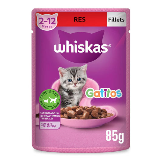 Whiskas Alimento Húmedo para Gatitos, Sabor Res, 85g c/u. Paquete de 24 Unidades