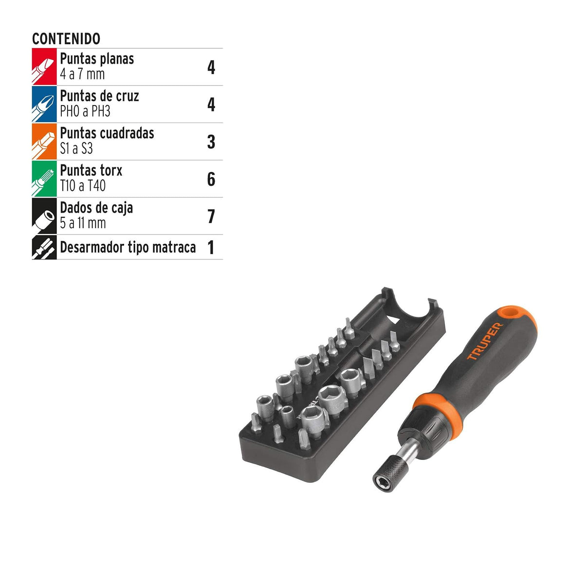 Truper JDM-24, Juego de desarmador tipo matraca, 24 piezas