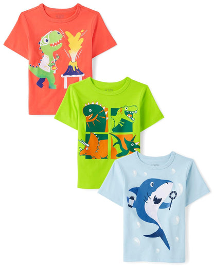 The Children's Place Camisetas Gráficas Manga Corta para Niño - Cuadrados Dino - Dino y Burbujas de Tiburón Paquete de 3 - 4T