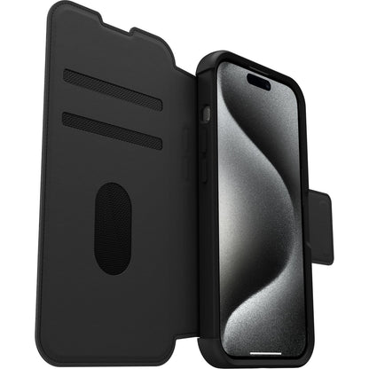 OtterBox - Funda Tipo portafolios para iPhone 15 Pro (Solo en inglés) Strada - Shadow (Negro), Soporte para Tarjetas, se Ajusta a MagSafe, Piel auténtica, fácil de Usar, Funda Tipo Folio