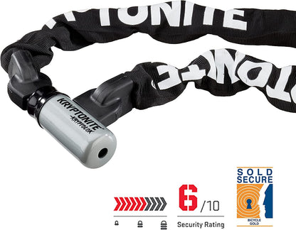 Kryptonite Kryptolok 912 - Candado de cadena para bicicleta, 4 pies de largo, cadena de acero de 9 mm, resistente antirrobo, vendido, seguro de cadena de bicicleta dorado con llaves para bicicleta,
