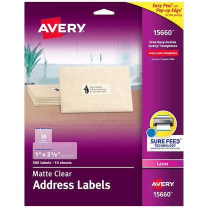 Avery Etiquetas de dirección imprimibles para impresoras láser, 1 pulgada x 2-5/8 pulgadas, transparente mate, 300 etiquetas de correo en blanco (15660) - 1 in. X 2-5 - 8 in.