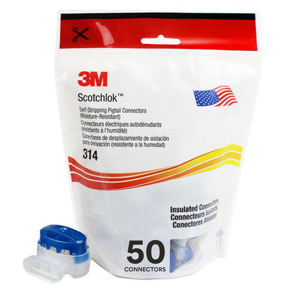 3M - Scotchlok Electrical IDC 314-BOX, en espiral, autodespegable, resistente a la humedad e ignífugo, azul, 22-14 AWG, 50 por bolsa