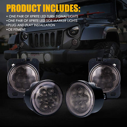 Xprite LED Smoke Lens Turn Signal Lights with Halo DRL and Parking Function & Front Fender Side Marker Amber Light Assembly Replacement Combo for 2007-2018 Jeep Wrangler JK & Wrangler Unlimited