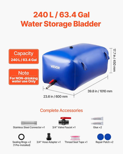 VEVOR ​Vejiga del Almacenamiento de Agua con Válvula 240 L, Bolsa de Agua de PVC Doble Capa 1000D, Portátil y Plegable, Resistente a Fugas, para Autocaravanas, Camiones, Uso en Exteriores, Azul