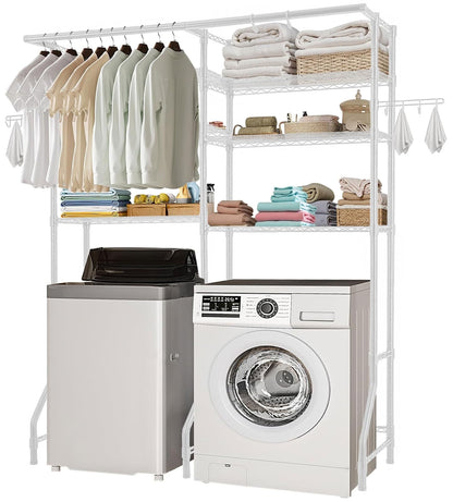 VEVOR - Estanterías de Almacenamiento para Lavadora y Secadora, 6 Niveles de lavandería con Barra de suspensión y Ganchos, Dos Filas de estantes Ajustables para Lavadora, Ahorro de Espacio, para - blanco - 34 x 196.5 x 161 cm