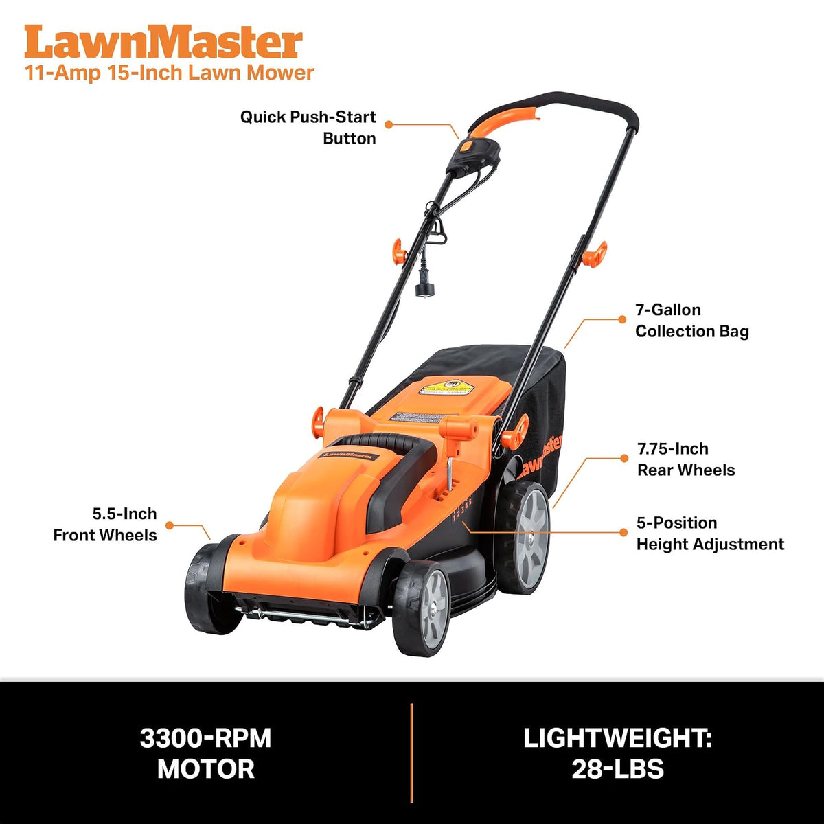 LawnMaster MEB1114K Cortacésped eléctrico con Cable de 15 Pulgadas, 11 amperios