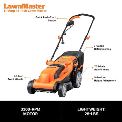 LawnMaster MEB1114K Cortacésped eléctrico con Cable de 15 Pulgadas, 11 amperios