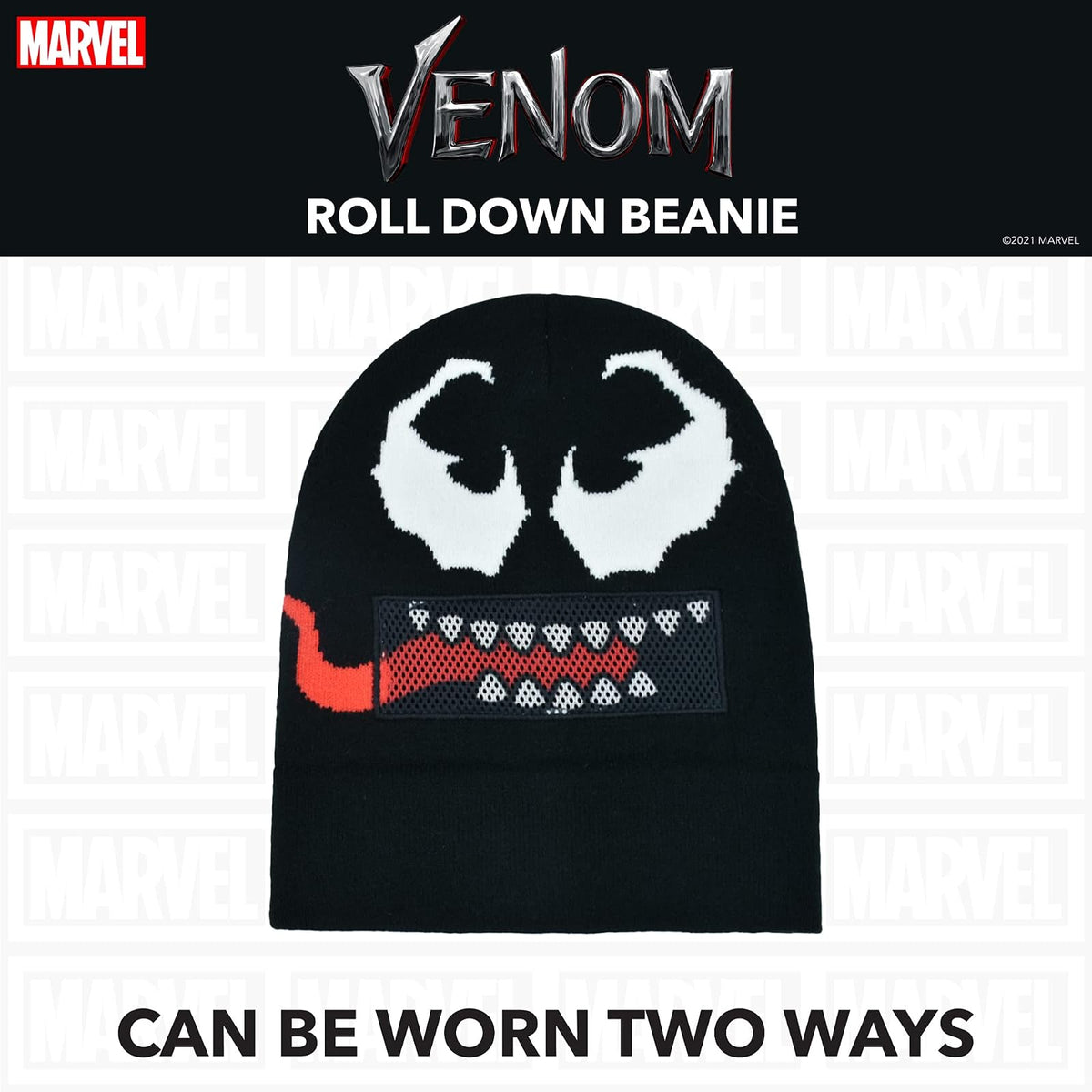Marvel Venom Intarsia - Gorro Enrollable, Color Negro, Talla única, Negro -, One Size