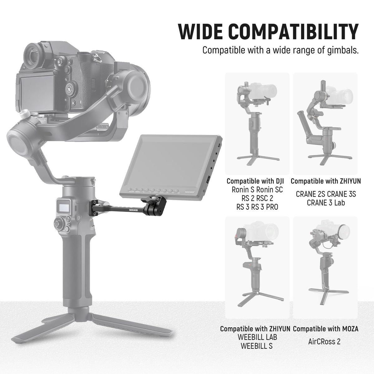 NEEWER Soporte Ajustable Monitor Campo, Soporte Giratorio 360° para Monitor Cámara con Rosca 1/4, Compatible con dji RS4 Pro RS3 RS2 RSC2 ZHIYUN Crane 2S Crane 3 3S WEEBILL-S MOZA Gimbals, GA005