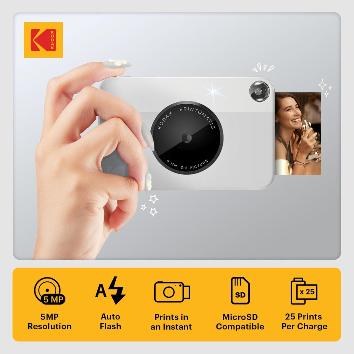 KODAK Printomatic Cámara Digital instantánea a Color 5 MP, Papel fotográfico Autoadhesivo Zink de 2x3 (5,1 x 7,5 cm) Color Gris, Kit: Papel Zink (20 Hojas) Estuche, Marcadores, Álbum