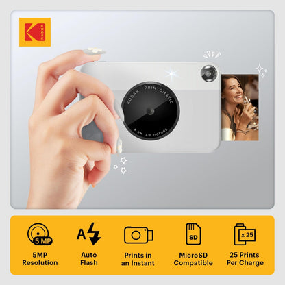 KODAK Printomatic Cámara Digital instantánea a Color 5 MP, Papel fotográfico Autoadhesivo Zink de 2x3 (5,1 x 7,5 cm) Color Gris, Kit: Papel Zink (20 Hojas) Estuche, Marcadores, Álbum