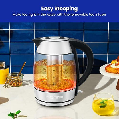 Chefman - Hervidor eléctrico de vidrio 1.8 L, 1500 W | Con infusor de té, función de mantener el calor, apagado automático y protección contra ebullición