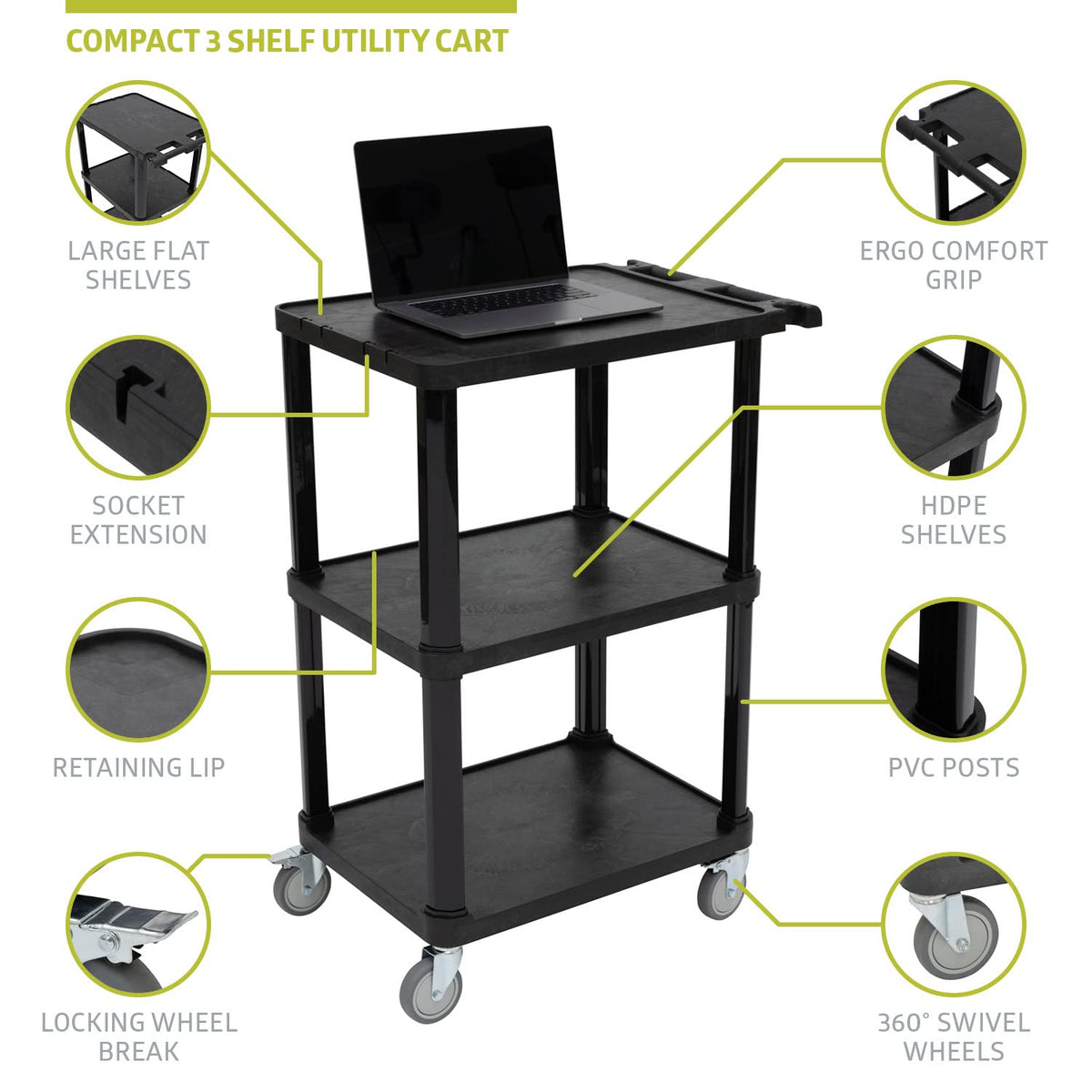 Pearington Carro Multiusos Compacto de plástico de 3 Niveles con Ruedas bloqueables de hasta 300 Libras, Color Negro