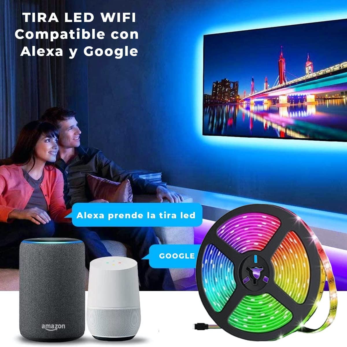 Dosyu Luces Led Inteligente 5M/16.4FT, 5050 RGBW Tira LED de WiFi, con Google Home, Alexa, Control por APP y Mando a Distancia, para cuarto, TV, Fiesta, Hogar, DIY, Navideña y Halloween Decoración.