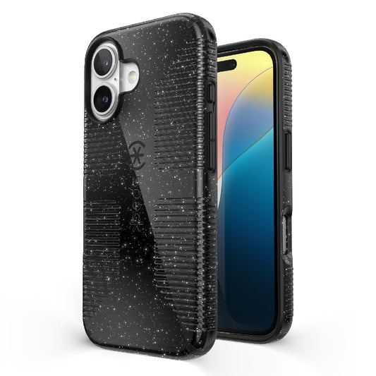 Speck CandyShell Grip - Funda para iPhone 16, MagSafe, Color Negro con Purpurina, Acero y Negro