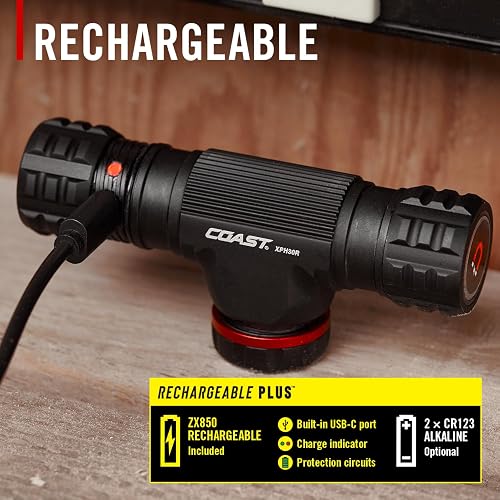 Coast XPH30R 1200 lúmenes USB-C recargable de doble potencia con haz de enfoque giratorio y base magnética