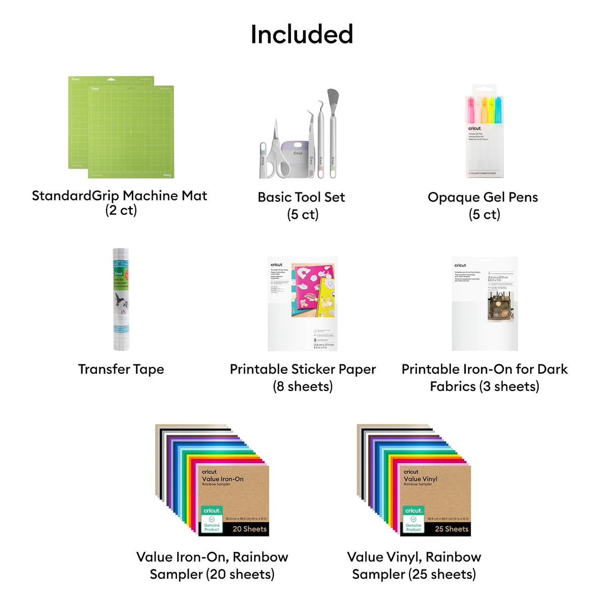 Cricut Paquete de materiales y accesorios todo en uno, incluye vinilo, HTV termoadhesivo, papel calcomanía, HTV imprimible, herramientas, alfombrillas, bolígrafos y más