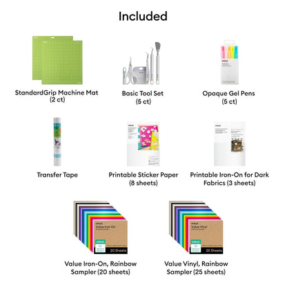 Cricut Paquete de materiales y accesorios todo en uno, incluye vinilo, HTV termoadhesivo, papel calcomanía, HTV imprimible, herramientas, alfombrillas, bolígrafos y más