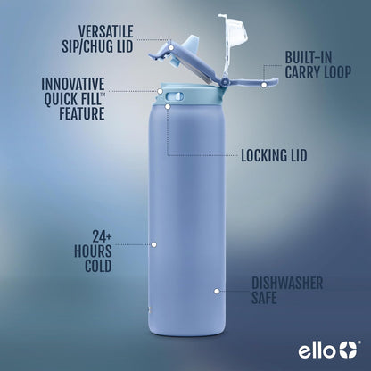 Ello Pop & Fill - Botella de agua de acero inoxidable de 32 onzas con tecnología de llenado rápido, doble pared y metal aislado al aspiradora, tapa de bloqueo a prueba de fugas, beber y chug,