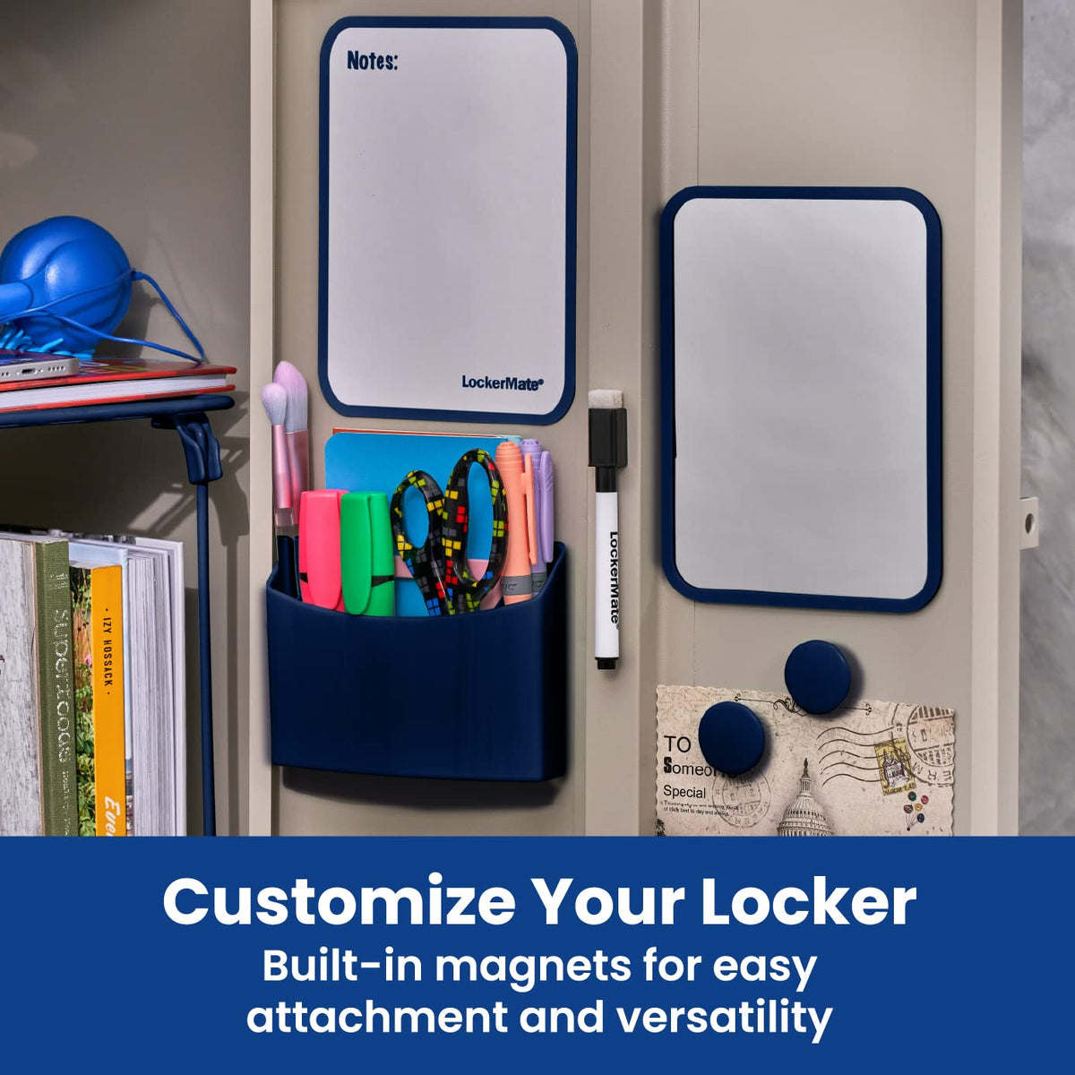 LockerMate Kit Organizador de 7 Piezas, Incluye Estante de casillero, Espejo, Pizarra Blanca, Taza de Almacenamiento y Marcador de borrado en seco, Azul Marino