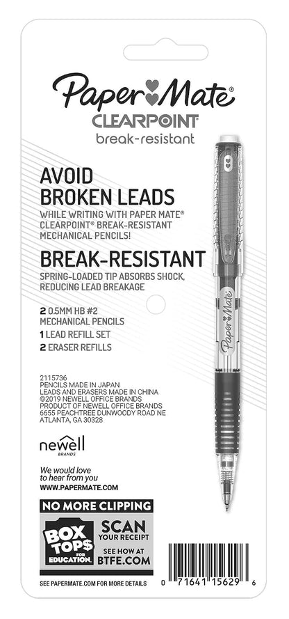 Paper Mate Clearpoint Break-Resistant Mechanical Pencils, HB #2 Lead (0.5mm), 2 Pencils (Black), 1 Lead Refill Set, 2 Erasers