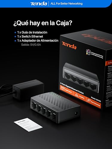 Tenda SG105 Switch Ethernet Gigabit 5 Puertos Splitter Plug & Play | Switch de red no administrable con LED. Silencioso, compacto, montaje en pared/escritorio. Para cable, Router, PC, NAS.