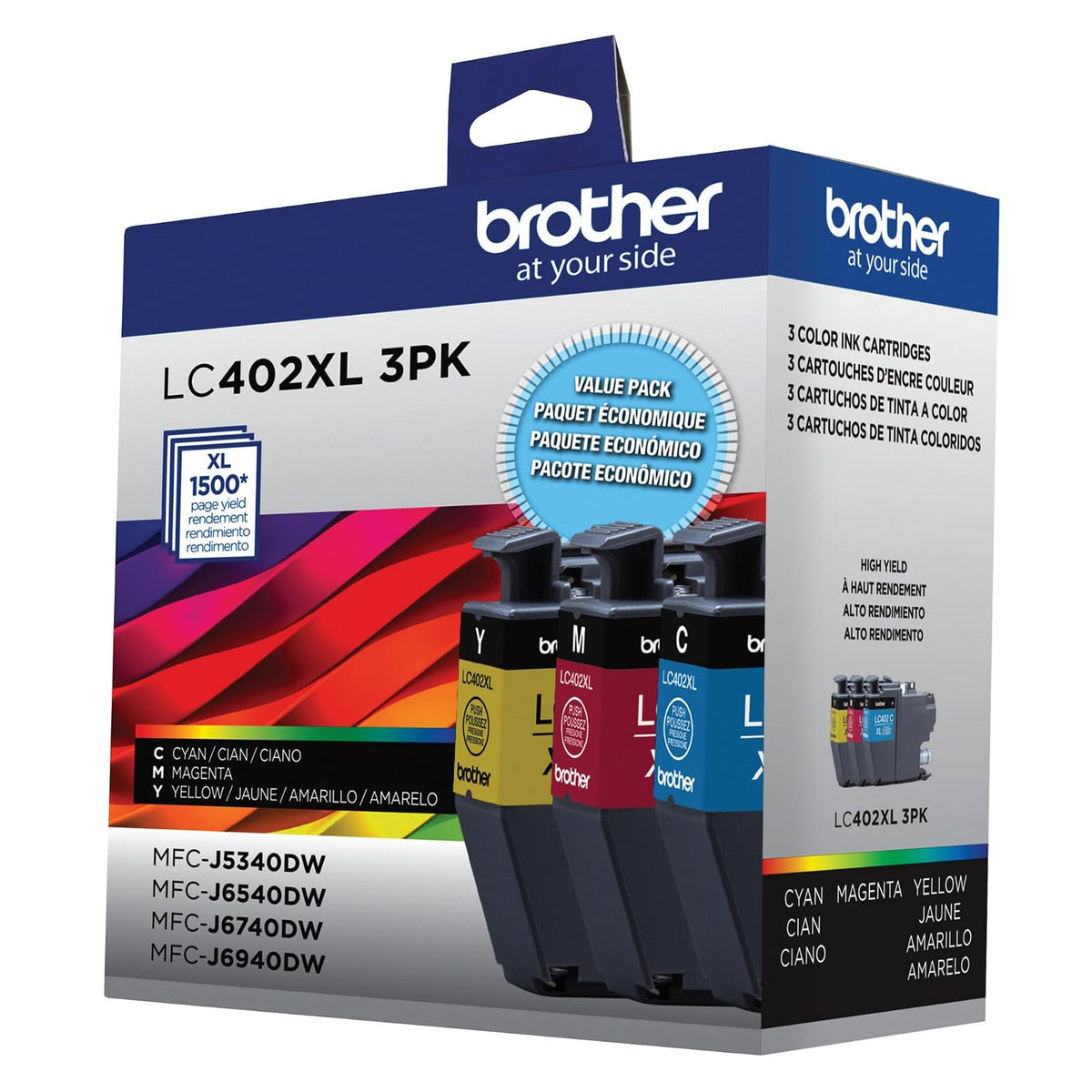 Brother LC402XL - Paquete de 3 Cartuchos de Tinta Cian, Magenta y Amarilla de Alto Rendimiento, Color Negro