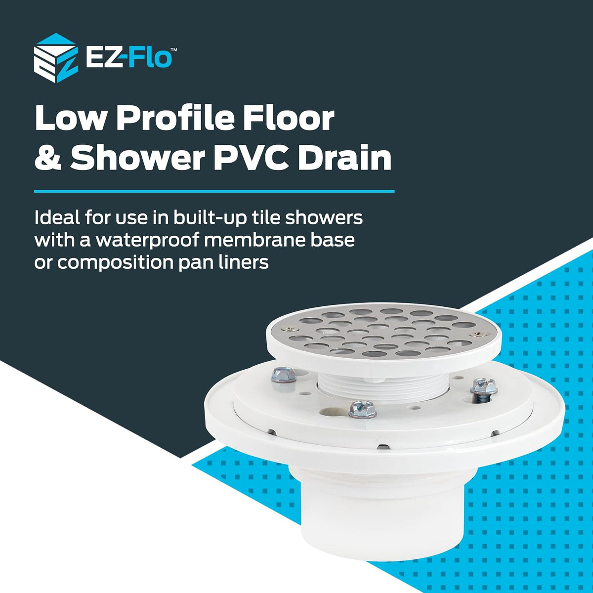 EZ-FLO 15301 - Drenaje de ducha de PVC de perfil bajo para suelo y baño, filtro de 4 pulgadas con tornillos de acero inoxidable, PVC, 5.08, Blanco