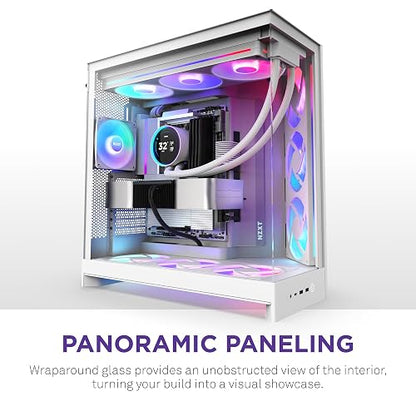 NZXT Gabinete H9 Flow RGB Blanco – ATX, Diseño Elegante con RGB, Paneles de Cristal, USB 3.2 Tipo A y Tipo C