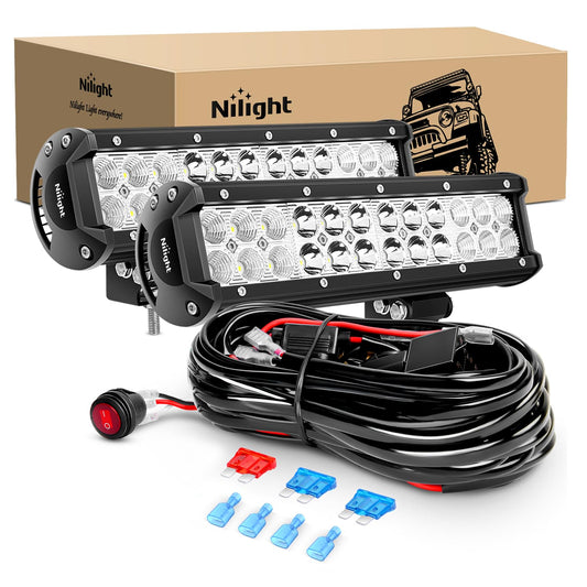Nilight Barra de luz LED, 2 Unidades, 12 Pulgadas, 72 W, Combo de inundación de Puntos con arnés de cableado Todoterreno, 2 años de garantía (ZH030)