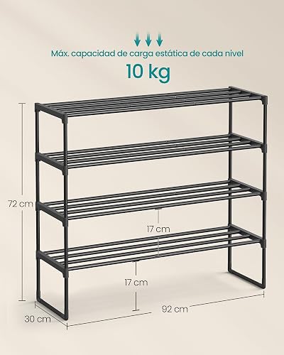 SONGMICS Zapatero de 4 Niveles, Estantería de Metal, para 16 a 20 Pares | Estante Apilable, 30 × 92 × 72 cm, Negro, Colección DEKY, MLSA14BKV3