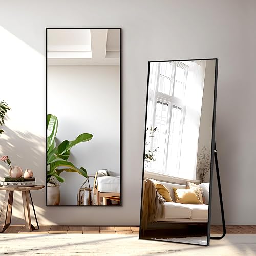 NicBex Espejo de Longitud Completa con Soporte, Espejo de Piso con Marco de aleación de Aluminio de 56 x 19 Pulgadas, Negro, Vidrio inastillable, sin pie, apoyado contra la Pared o montado en la