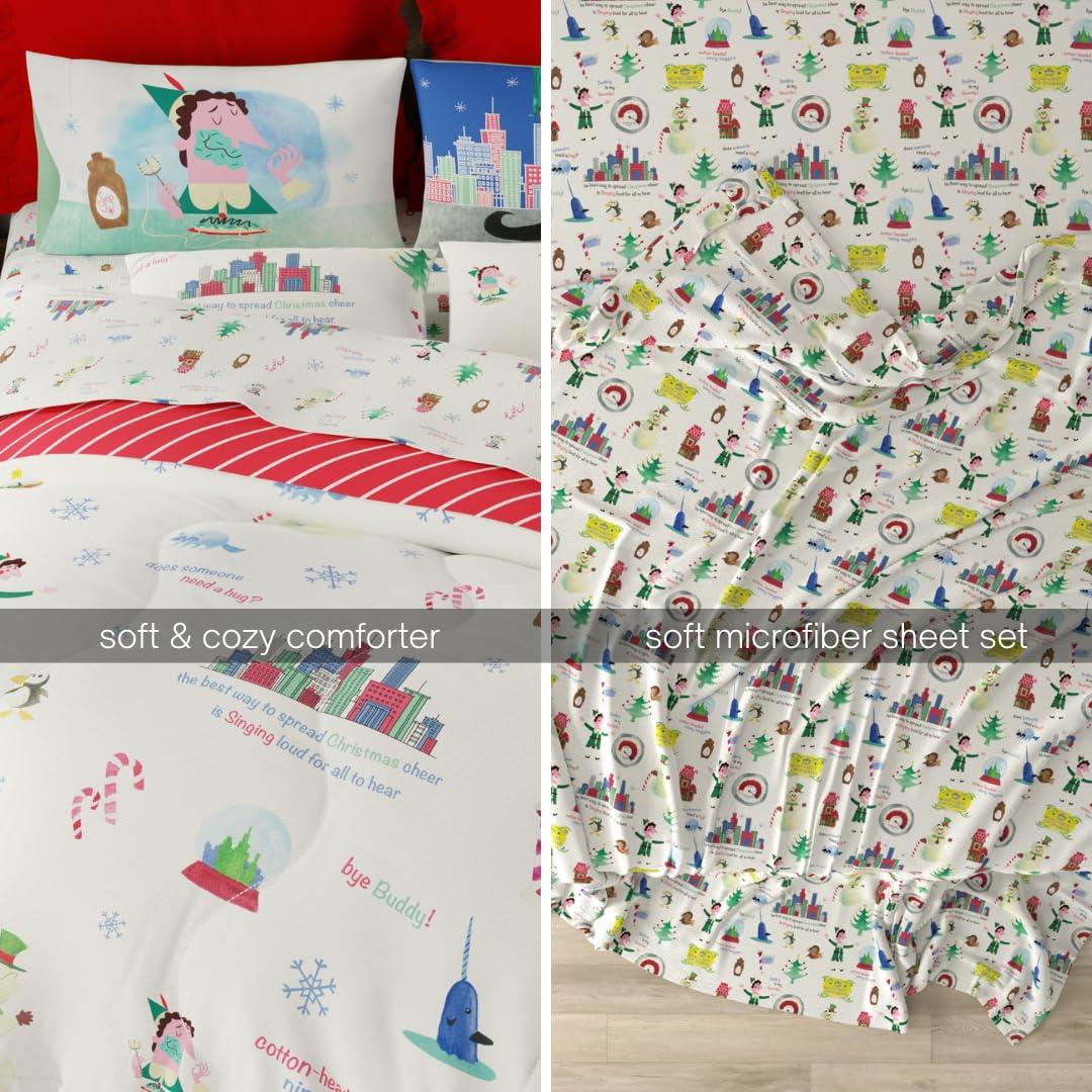Franco - Juego de edredón y sábanas supersuaves, ropa de cama de festividades y Navidad de película de Buddy el duende NYC con funda de almohada, 7 piezas, tamaño queen (producto con licencia oficial)