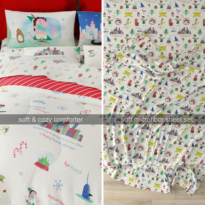 Franco - Juego de edredón y sábanas supersuaves, ropa de cama de festividades y Navidad de película de Buddy el duende NYC con funda de almohada, 7 piezas, tamaño queen (producto con licencia oficial)