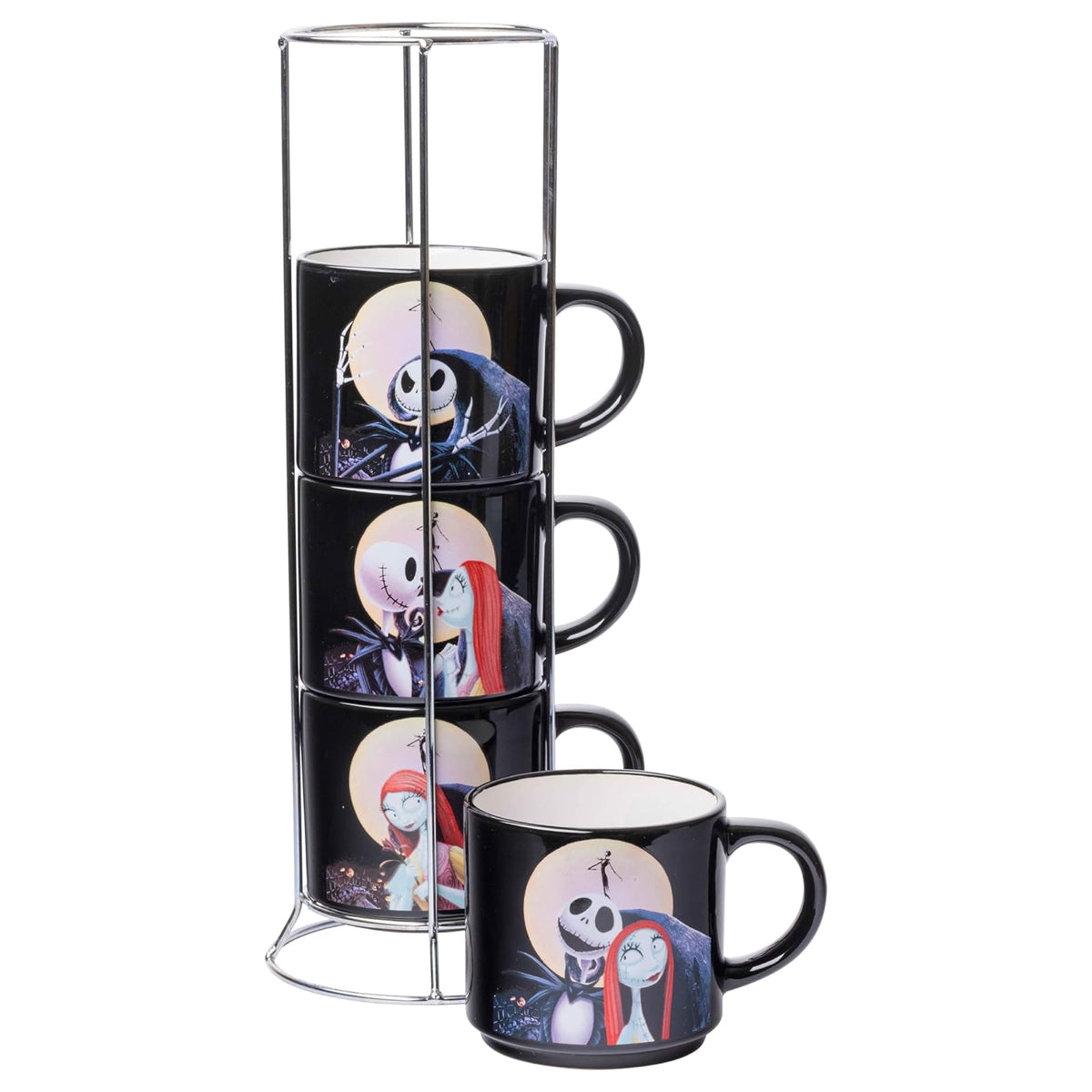 Silver Buffalo: Juego de 4 tazas de cerámica Nightmare Before Christmas Jack y Sally, 10 onzas, paquete de 4 tazas de cerámica, juego de 5 piezas
