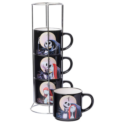 Silver Buffalo: Juego de 4 tazas de cerámica Nightmare Before Christmas Jack y Sally, 10 onzas, paquete de 4 tazas de cerámica, juego de 5 piezas